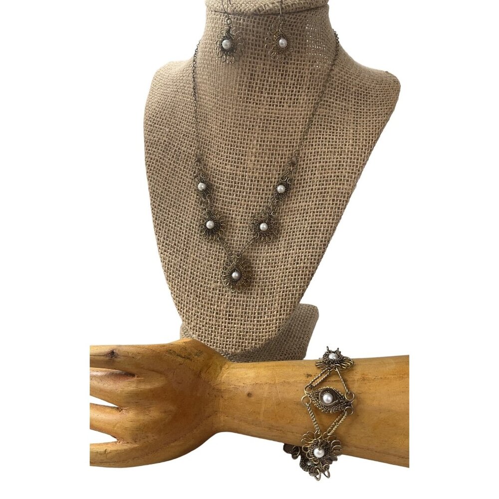 Vintage Handmade Filigree Set necklace bracelet earrings wire art Floral pearls